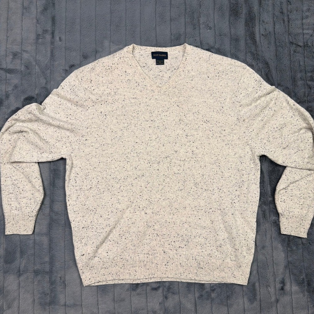Scott Barber Mens XL 100% Cashmere V-Neck Sweater Oatmeal Cream Speckled Knit